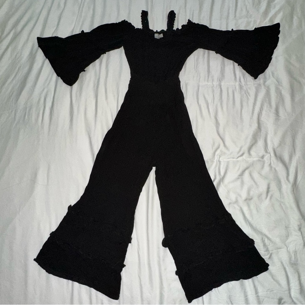 ASOS Black Off-Shoulder Riffle Wide Leg Jumpsuit with Ruffle Wide Sleeves US0